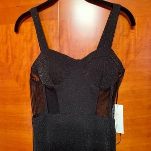 Ladies cocktail dress black sz 5 sheer bodice slit on side shimmery NWT